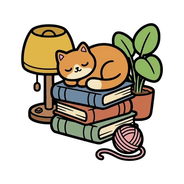 Colored example of a page from the book: a ginger cat asleep on a stack of books, with a lamp, a plant and a ball of yarn
