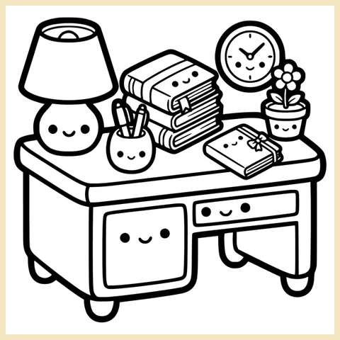 Coloring page from the book: a smiling study desk with a lamp, a stack of books, a pen cup, a clock and a plant