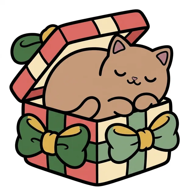 Colored example of a page from the book: a sleepy cat curled up in a Christmas gift box with big bows
