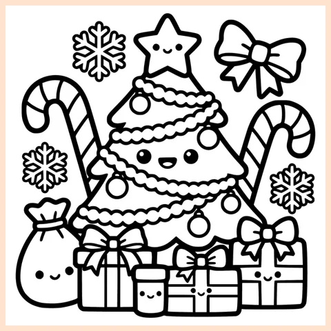 Coloring page from the book: a smiling Christmas tree with baubles, a star on top, candy canes and wrapped gifts
