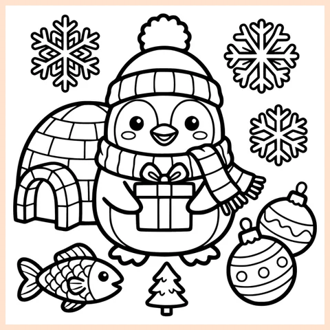 Coloring page from the book: a penguin in a bobble hat and scarf holding a gift, with an igloo, a fish and baubles
