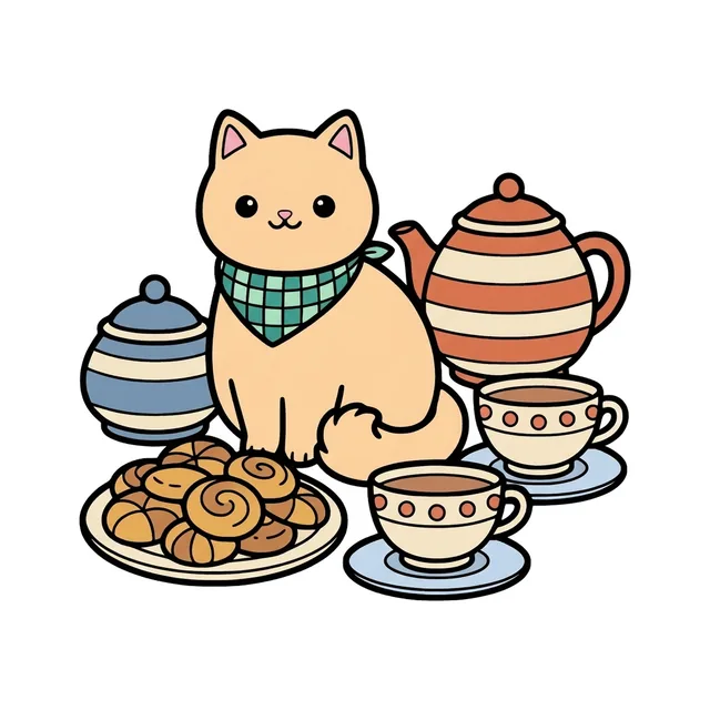 Colored example of a page from the book: the cat in a checked scarf beside a striped teapot, teacups and cookies