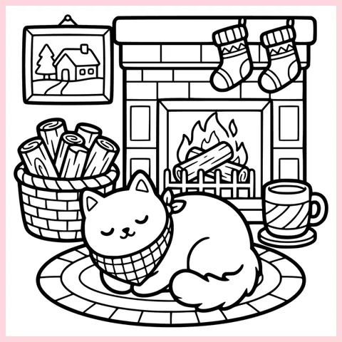 Coloring page from the book: the cat asleep on a round rug by a fireplace with stockings, a log basket and a mug