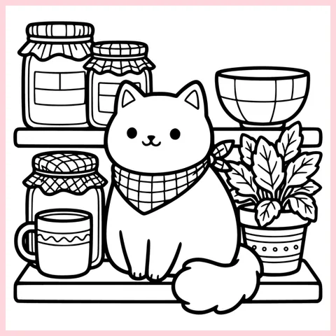 Coloring page from the book: the cat on a kitchen shelf with jars of jam, a bowl, a mug and a potted plant