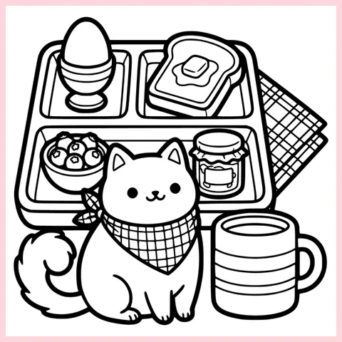 Coloring page from the book: the cat beside a breakfast tray with an egg cup, toast, berries, jam and a mug