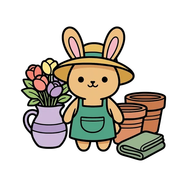 Colored example of a page from the book: the bunny gardener in a straw hat and apron beside a jug of tulips and pots