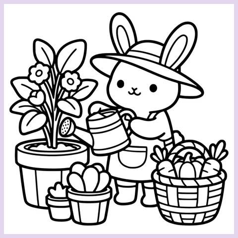 Coloring page from the book: the bunny gardener watering a big flowering plant, with pots and a basket of vegetables