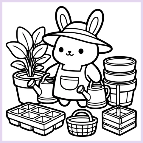Coloring page from the book: the bunny gardener with two watering cans, a big leafy plant, stacked pots and seed trays