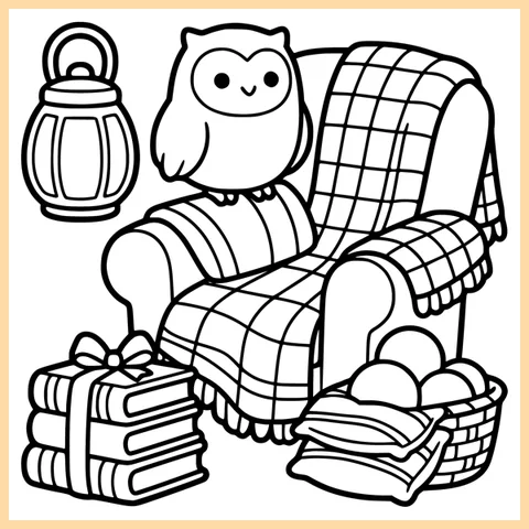 Coloring page from the book: an owl perched on an armchair with a checked blanket, a lantern, books and a basket