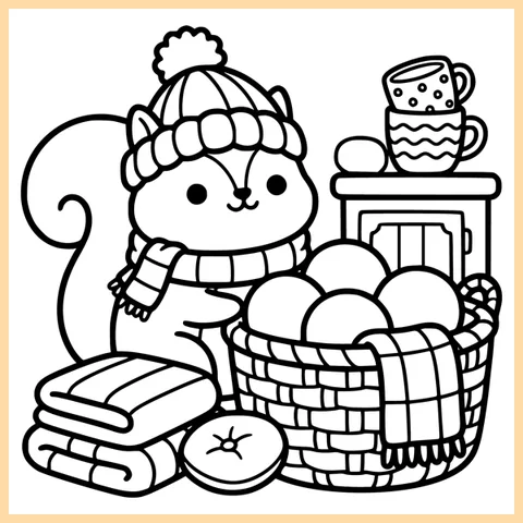 Coloring page from the book: a squirrel in a knitted hat and scarf beside a basket of yarn balls and blankets