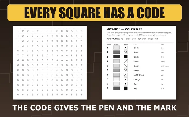 A grid of code numbers beside the color key page that explains every code: every square has a code