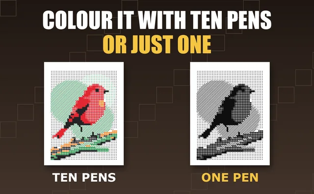 The same robin mosaic finished two ways, with ten pens in color and with a single pen
