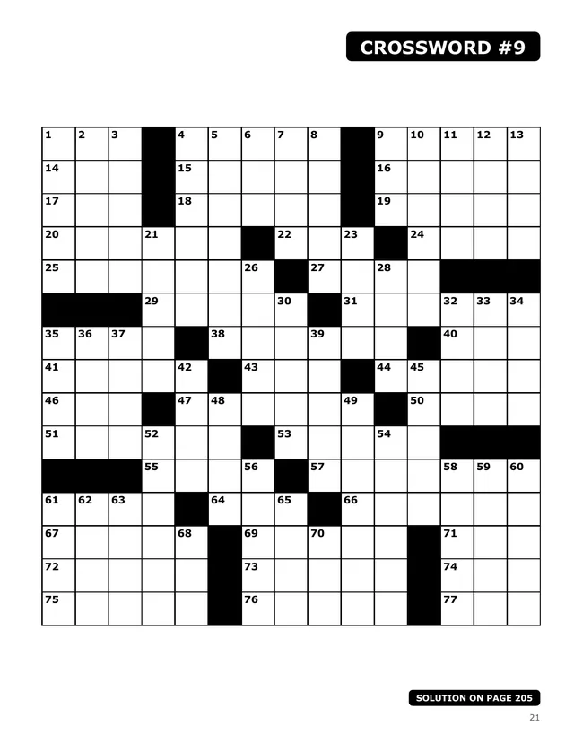 The grid page for crossword 9: numbered squares and its solution page printed at the bottom