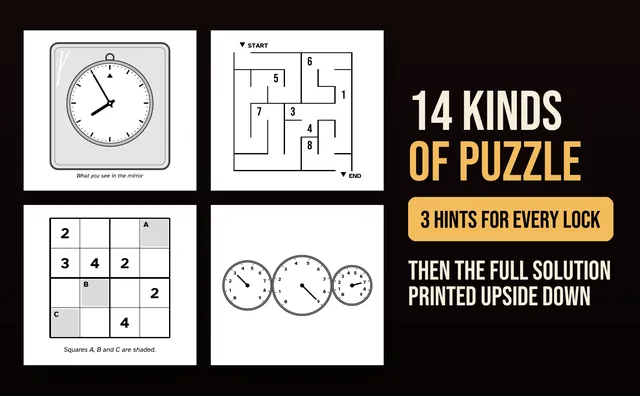 Four puzzles from the book: a clock seen in a mirror, a crate maze, a number grid with shaded squares and three gauges