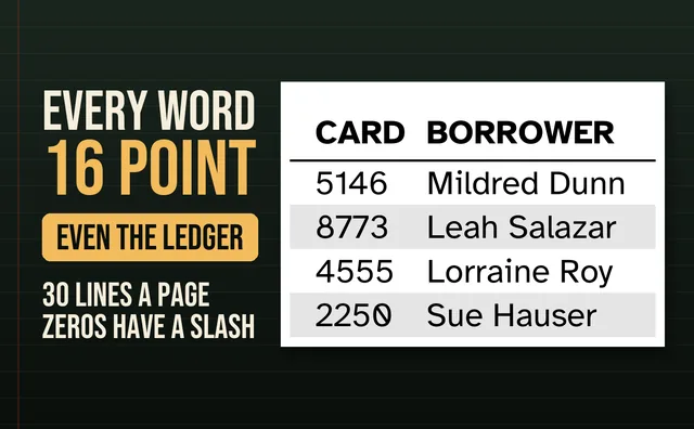 Close-up of ledger lines printed at 16 point, with slashed zeros