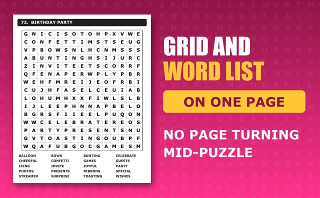 Puzzle 72, Birthday Party: the letter grid and its word list together on one page